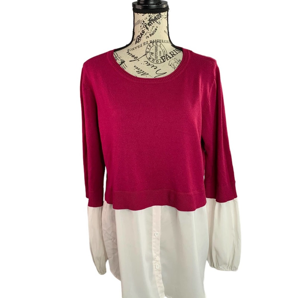 Milano Womens XL Twofer Blouse Double Layered Stretch Pink and White Long Sleeve
